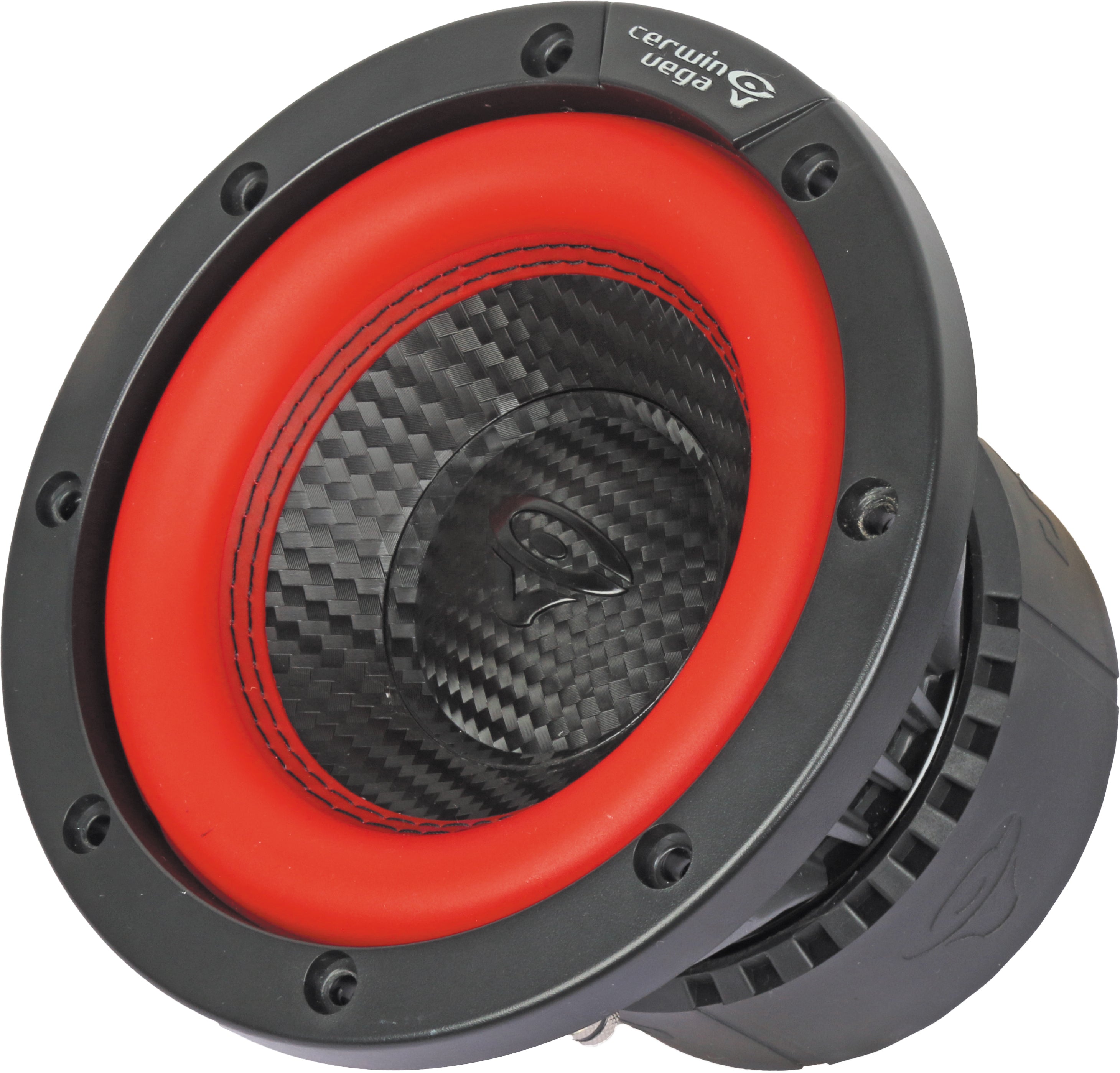 The Vega 2025 Edition Subwoofer features a 6.5" cone with a red rubber surround and carbon fiber construction. It has a black frame with multiple mounting holes, and the "Cerwin Vega" logo is displayed on the rim and cone in an angular style, showcasing its robust car audio subwoofer design.